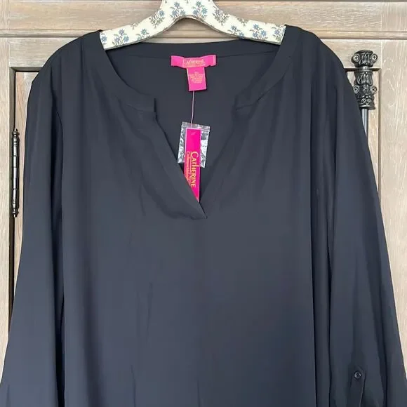 Catherine Malandrino Black High Low Tunic Blouse Top With Roll Tab Sleeves size - Picture 4 of 9